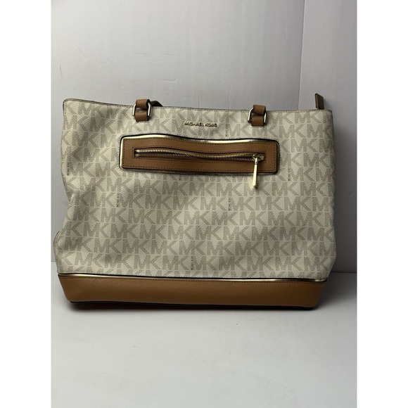 Michael Kors Large Tote Purse White Signature Brown Trim. - Picture 1 of 8